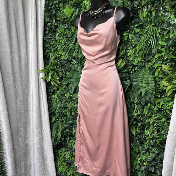 CIDER Dress Women XS Blush Pink Flowy Cowl Neck Boho Slip Dress Side Slit 2648‎ - Picture 1 of 7